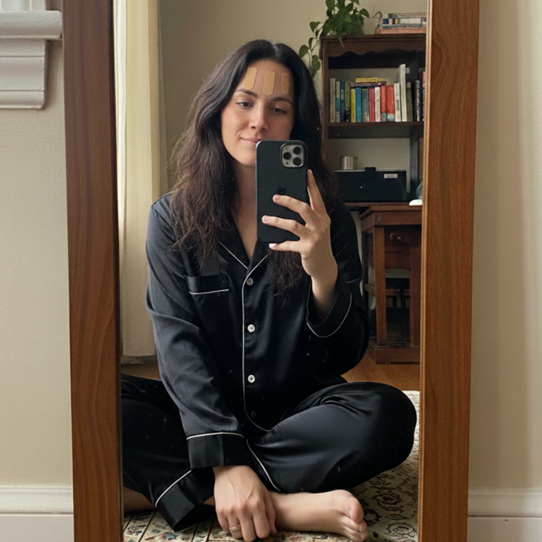 Woman taking a mirror selfie wearing HOLLI Kinesiology Face Tape in black pajamas in a room with a bookshelf.