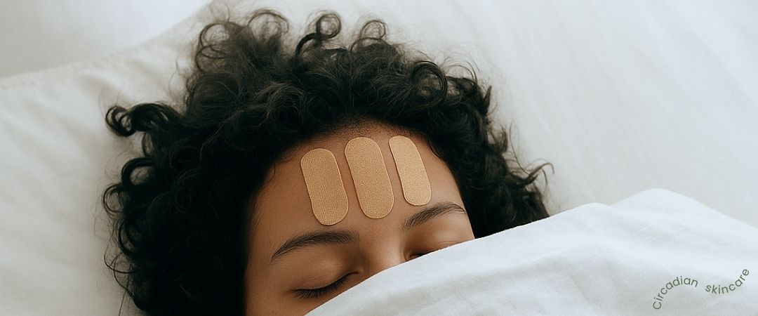 Woman sleeping with HOLLI face tape on her forehead