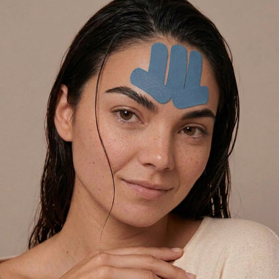 A woman with wet dark hair wearing a light beige knit top, with blue hyaluronic infused face tape from HOLLI on her  forehead, set against a plain beige background.