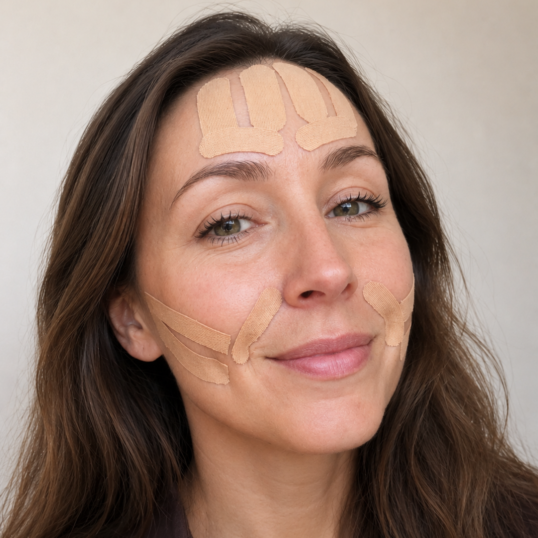 Woman with makeup HOLLI Face Tape on her face against a neutral background