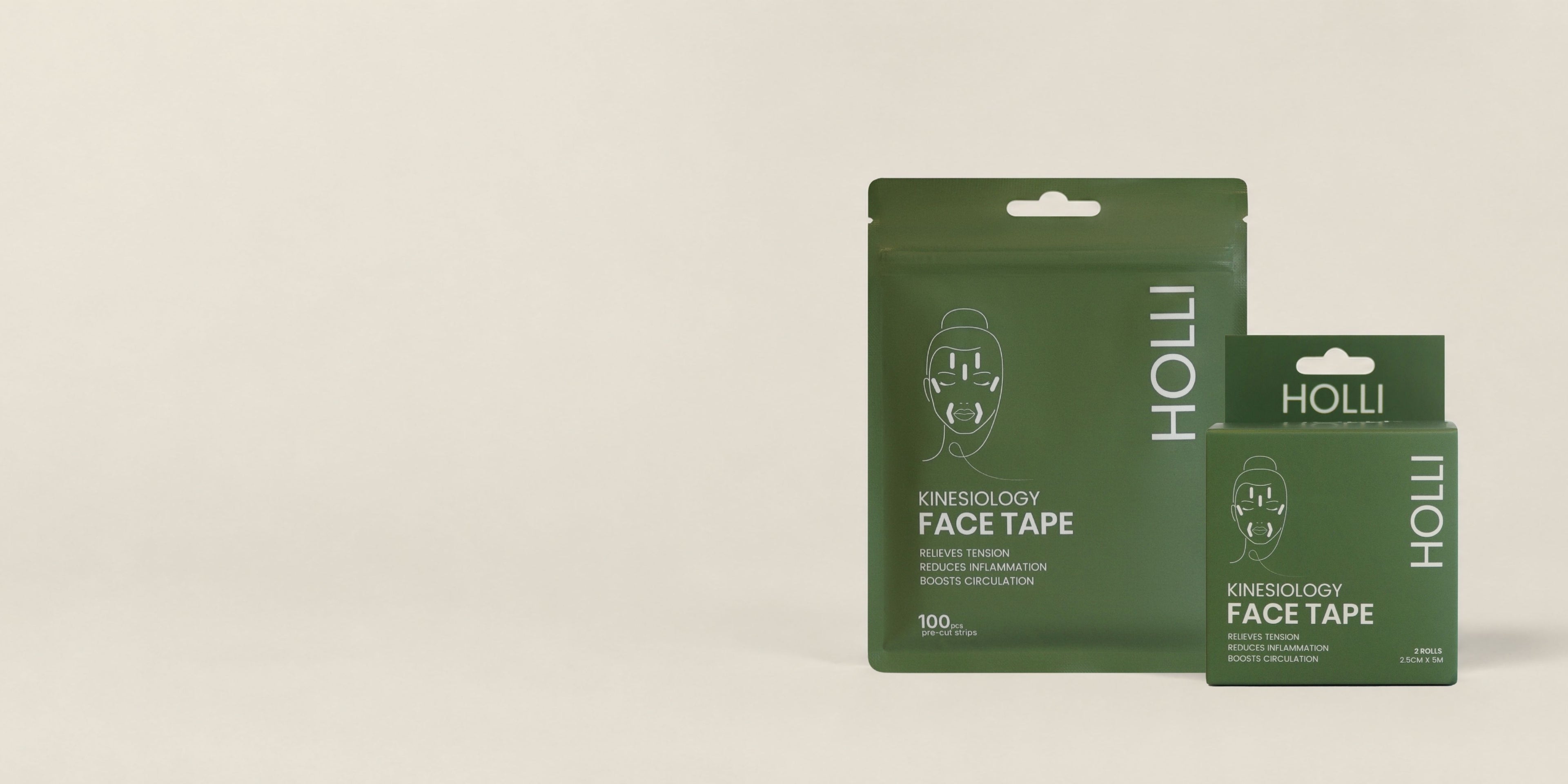Two dark green Holli face tape packaging pouches, one larger stand-up pouch and one smaller box, displayed on a clean off-white background.
