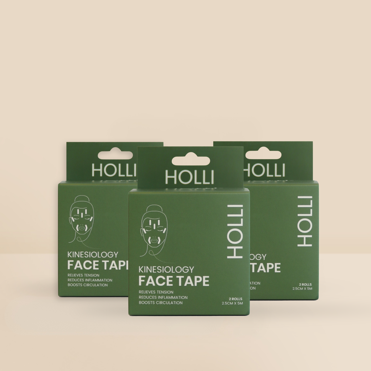 Three green boxes of HOLLI Kinesiology Face Tape Roll arranged in a fan shape on a light beige background.