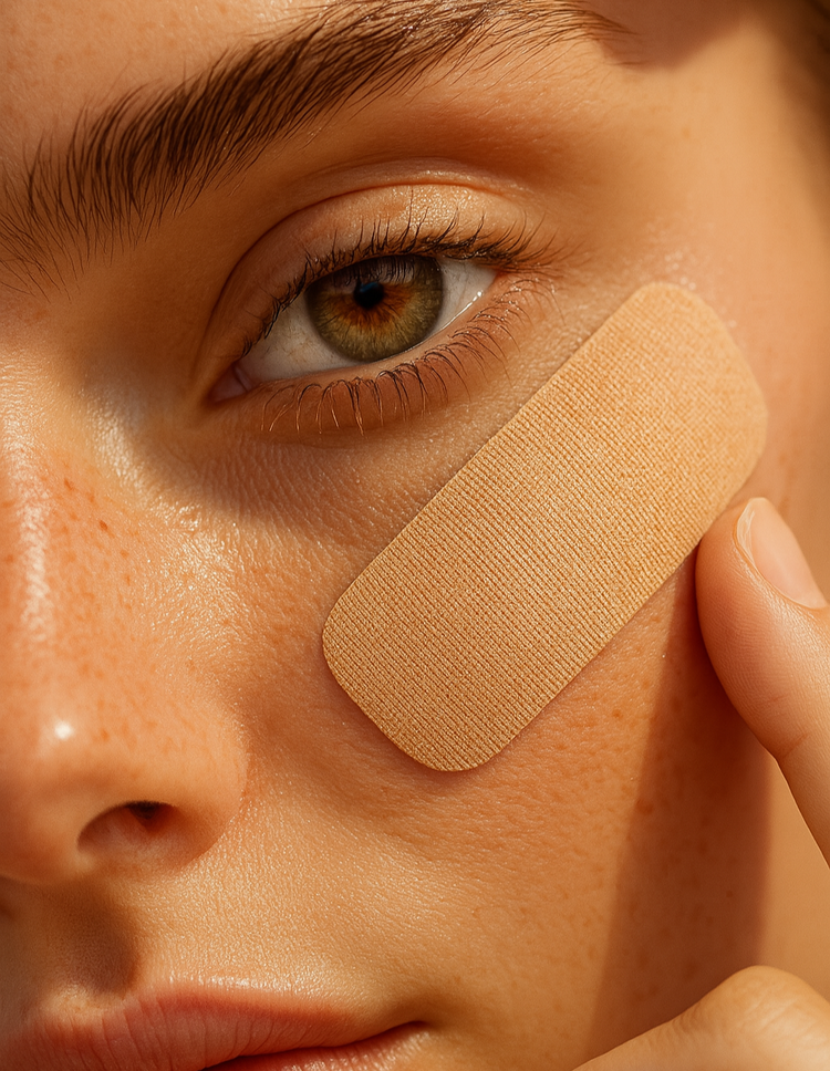 Woman_looking_into_the_camera_with_kinesiology_face_tape_under_her_eye