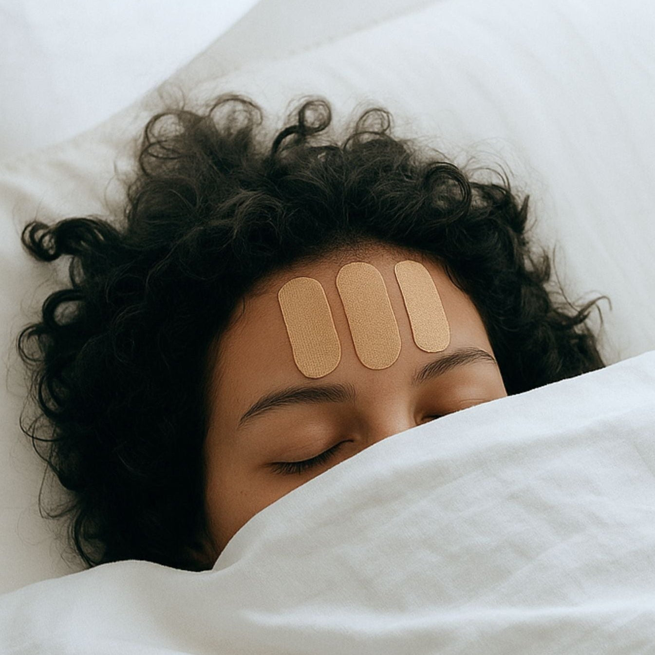Woman resting peacefully in bed as part of overnight face taping ritual before gently removing tape in the morning