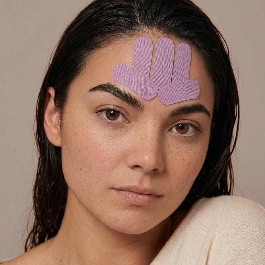 A close-up of a woman with three Peptide Infused Face Tape strips from HOLLI applied to her forehead, wearing a beige knit top against a neutral beige background.