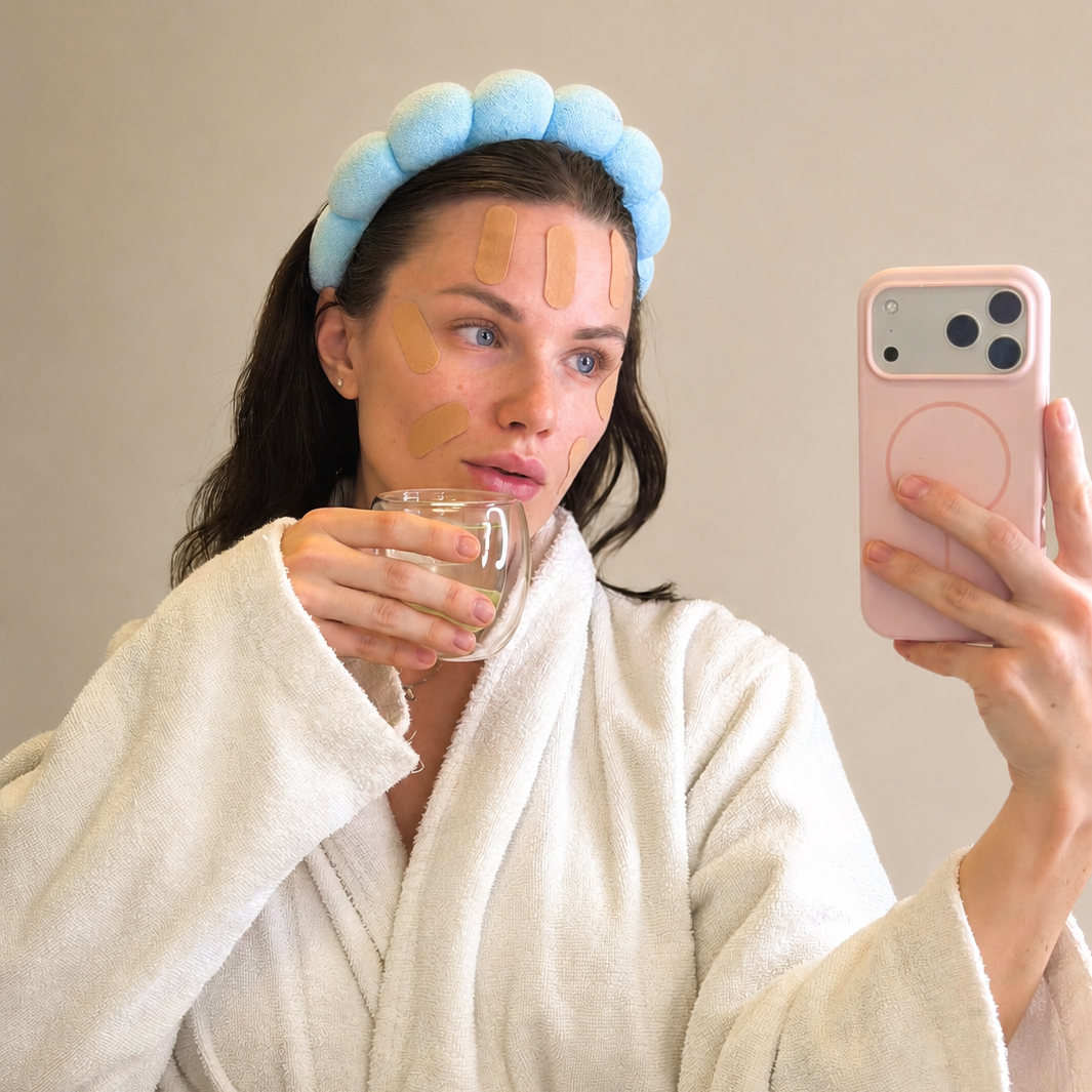 Woman taking a mirror selfie wearing HOLLI pre-cut face tape